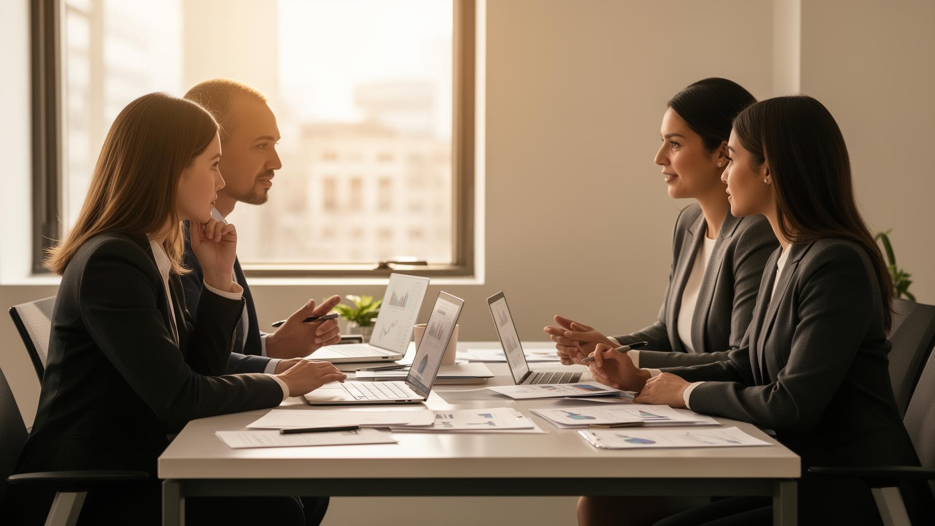 Professionals collaborating in a financial planning meeting